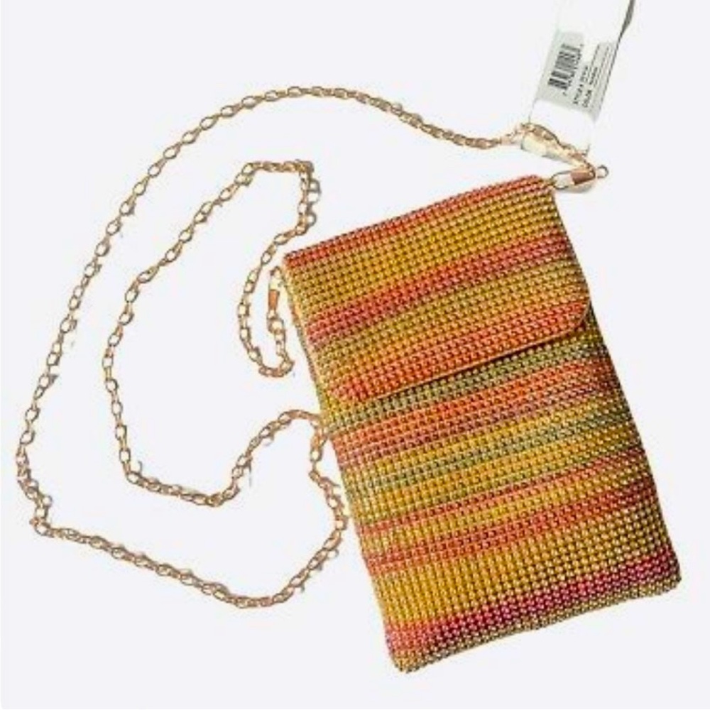 Alessia Rainbow Rhinestone Striped Crossbody Clutch w/Chain Strap - NWT